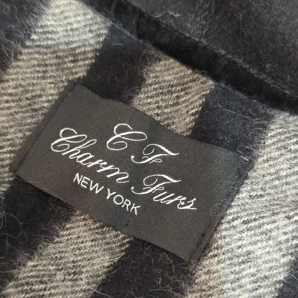 Charm Furs New York Women's Plaid Knit Scarf Genuine Fur Trim Black Beige Gray
